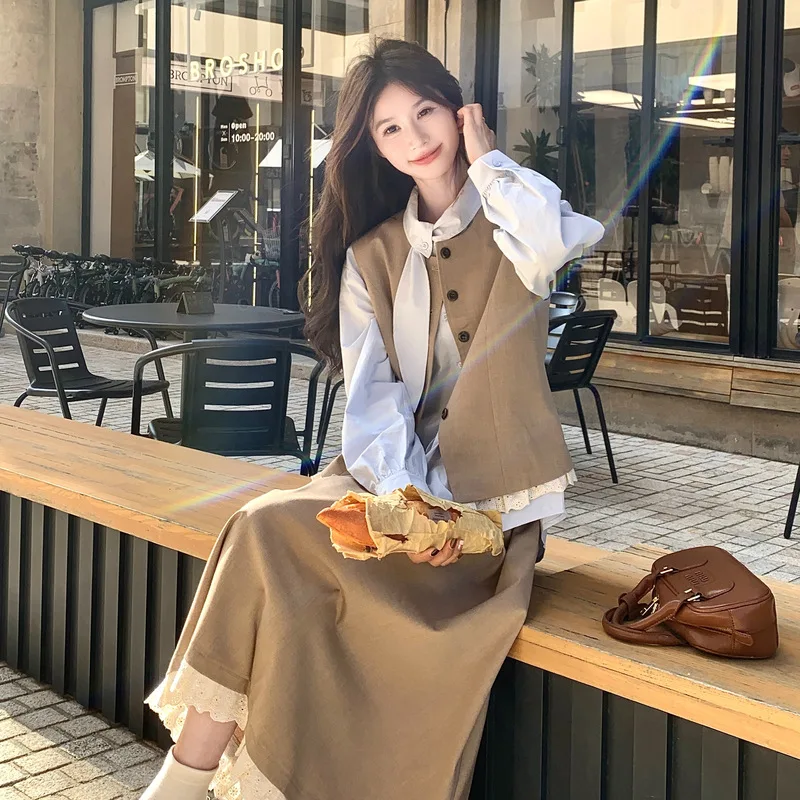 Sweet lace edge patchwork half skirt+fashionable temperament round neck vest+casual shirt women's autumn three piece set