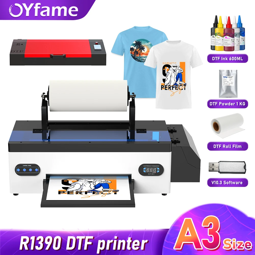 

OYfame DTF Printer A3 R1390 Transfer Printer impresora A3 with Roll Feeder D irect to Film Preheating T-Shirt Printing Machine