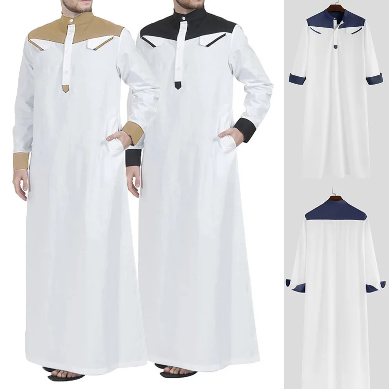 Muslim Arabic Men Clothing Loose Stand Collar Patchwork Long Sleeves Abaya Robe Middle East Islamic Dubai Jubba Thobe Pockets