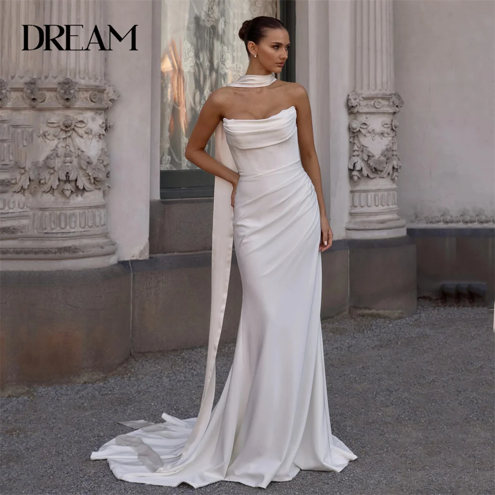 DREAM Pleat Mermaid Wedding Dresses Women 2025 Boat-Neck Open Back Shawl Sweep Train Bridal Gown Vestido De Noiva Customized