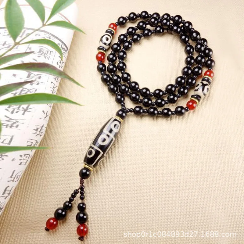 

Ожерелье из старинного агата с девятиглазой бусиной Дзи, унисекс, черно-белая цепочка для свитера