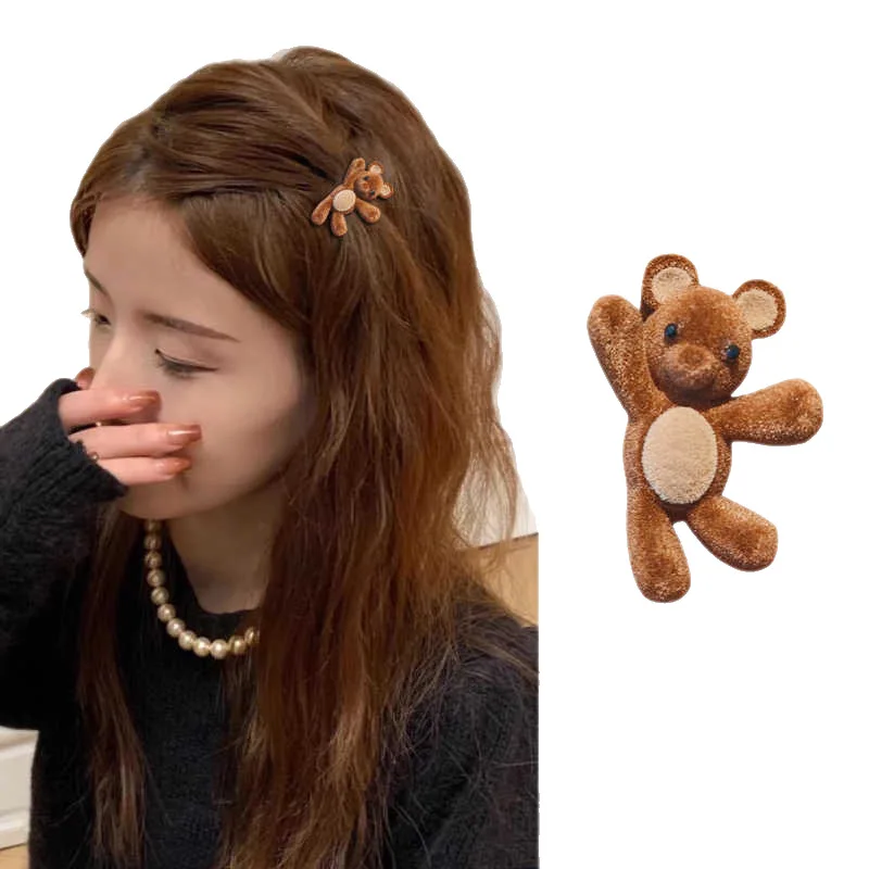 

Cute Flocking Cartoon Bear Metal Hairpin For Women Girls Sweet Hair Ornament Side Hair Clip Barrette