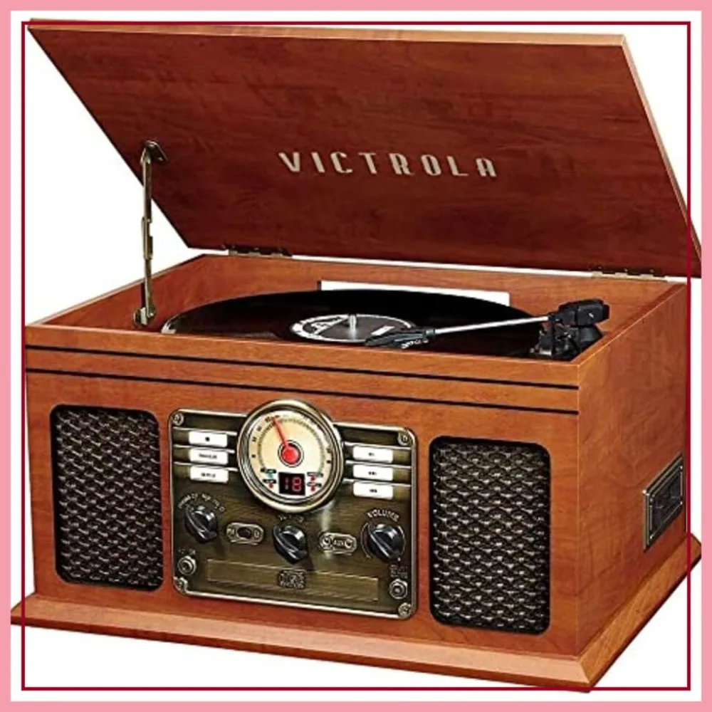 

6-in-1 Bluetooth Record Player with Turntable, CD, Cassette, FM Radio & Wireless Streaming – Built-in Speakers, Mahogony