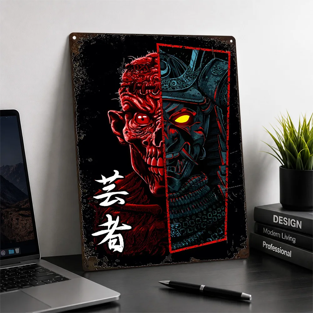Demonic Samurai Split Portrait Textured Metal Poster Graphic Wall Art For Bedroom Personalized Aluminum Sign Fantasy Fan Gift