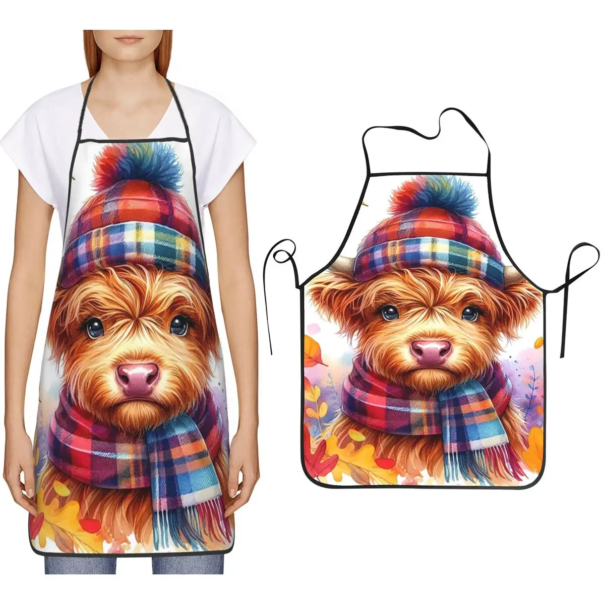

Highland Cow Calf Autumn Leaves Aprons Chef Cooking Cuisine Tablier Bib Kitchen Cleaning Pinafore for Women Men Gardening