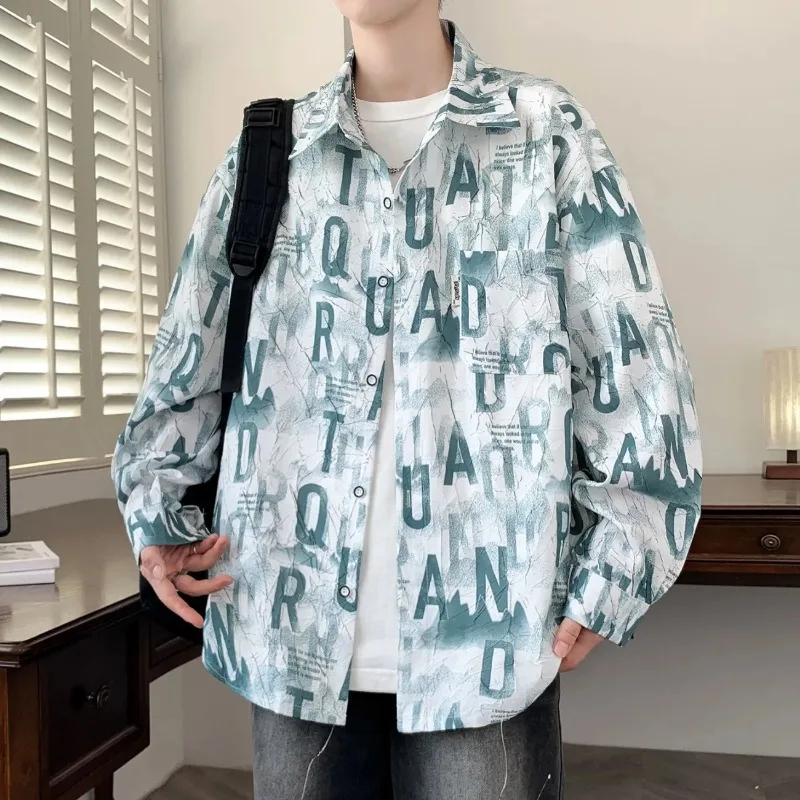 

Men's Ice Silk Long Sleeve Shirt Letter Print Oversized Casual Button Down Blouse