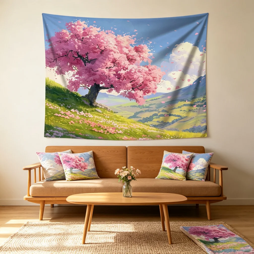 1PC Cherry Tree Meadow Anime Art Print Backdrop Banner, Bedroom Living Room Photo Background, Polyester, Home Decor, Wall Art