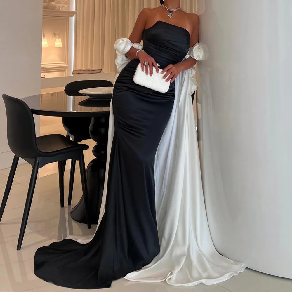 Satin Detachable Sleeve Strapless Floor Length Mermaid Evening Dress Panel Train Flowers Luxury Photo Color Saudi Arabia 2024