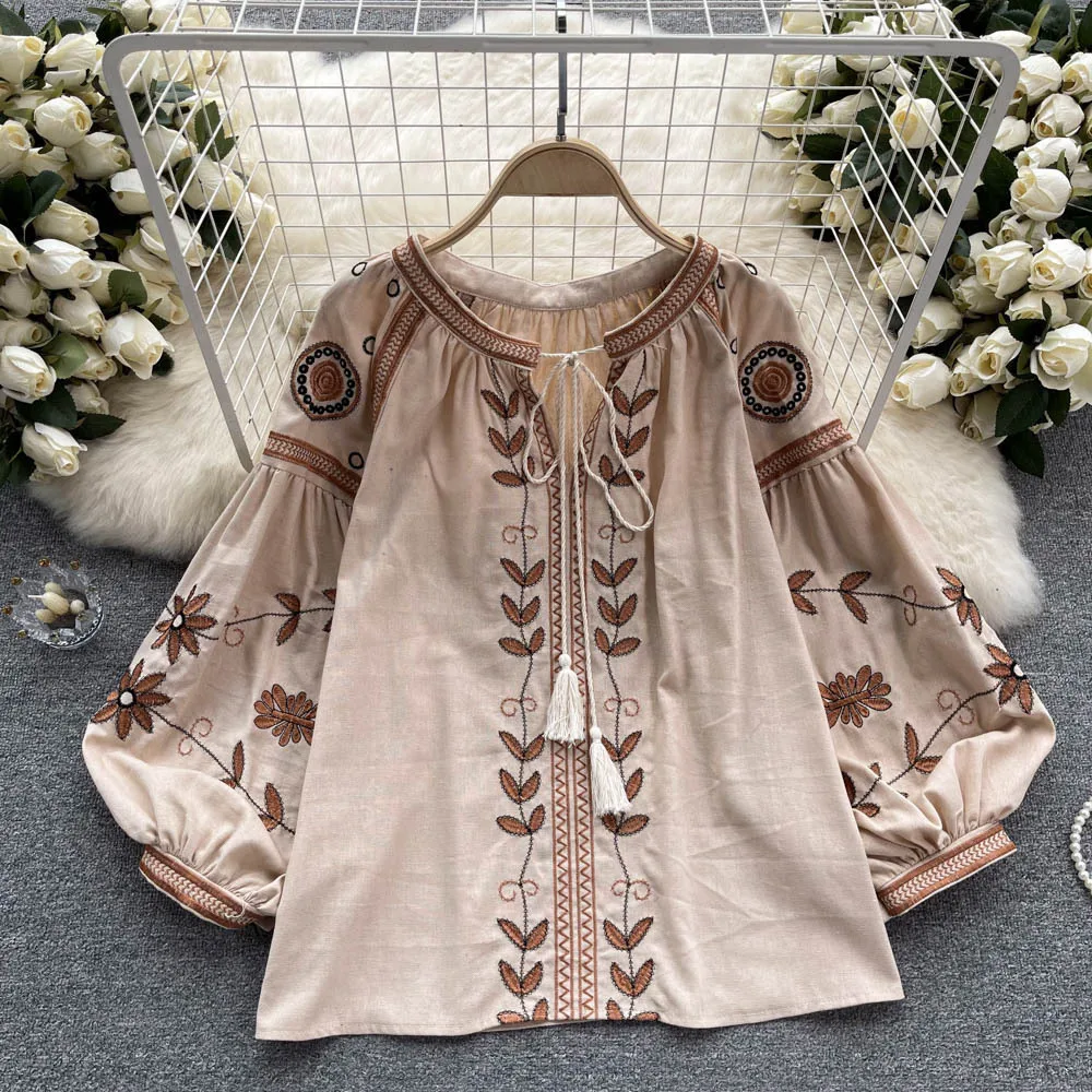 

2026 Heavy Embroidery Blouse, Ethnic Floral Tassel Long Sleeve Round Neck Puff Sleeve Loose Tie Waist Casual Stylish Women Tops