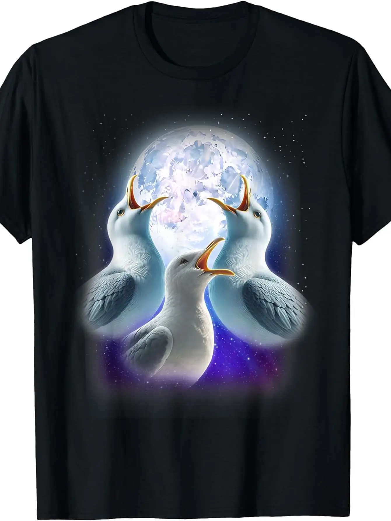 3 Seagulls Howling at The Moon Funny Seagull Lover Seabird T-Shirt Trendy Crew Neck T-Shirt with Eye-Catching Print Soft And Lightweight Daily Outfit Perfect for Fashion Lovers Great for Spring, Summer, Autumn And Casual Everyday Wear