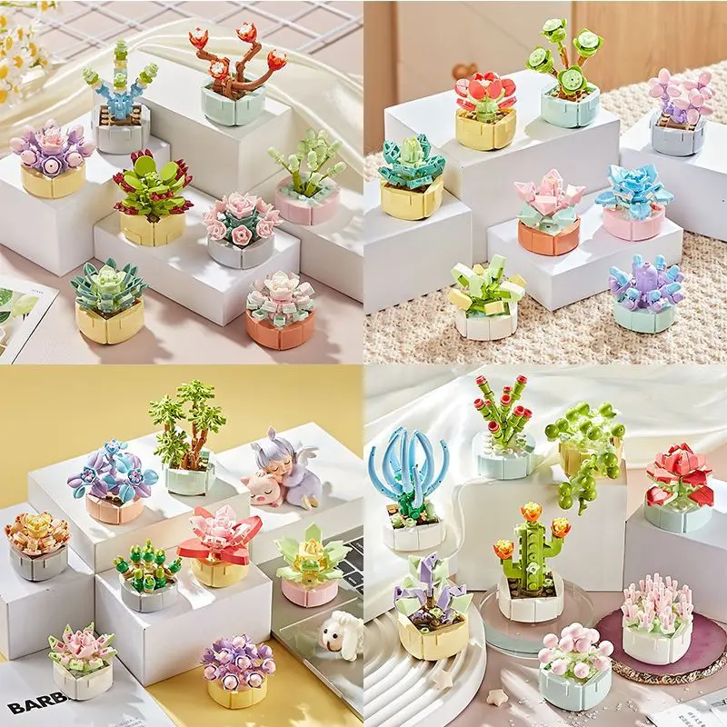 Succulent potted plant ornaments children\'s building blocks potted flowers DIY small particle flower arrangements dried flowers