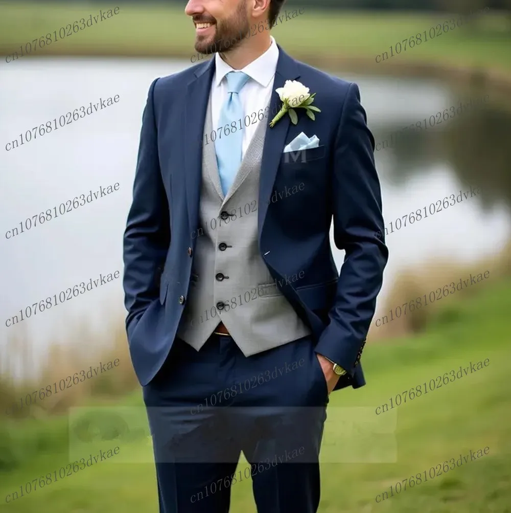 

Navy Blue And Grey Men Suit Wedding Party Formal Groom Groomsman Prom Business Male Tuxedos 3 Piece Set Jacket Vest Pants