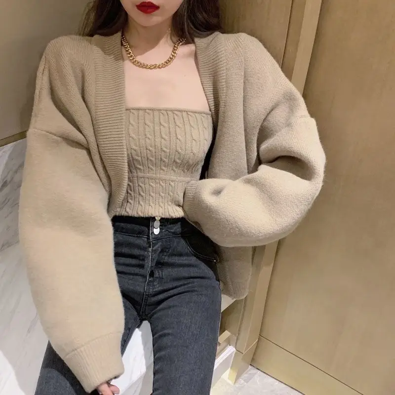 Strapless Vest Twists Sweater Korean Fashion Sets Winter Clothes Women V Neck Cardigan Mujer Pull Femme Black Jacket Sueter