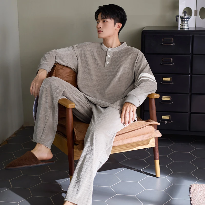

Autumn Winter Men Island Fleece Pajama Set O-Neck Pullover Pajamas Sleepwear Keep Warm Flannel Pyjamas Male Home Clothing L-XXXL