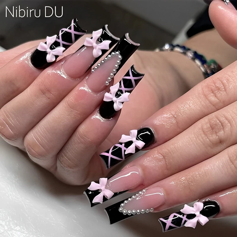 

24Pcs Black Pink Bow French Square Design False Nails Long Ballet Press on Nails with Pearl Wearable Coffin Fake Nails Art Tips