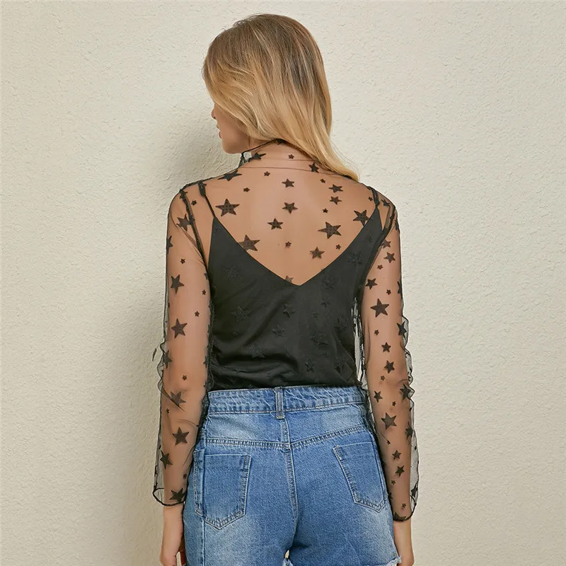 Women's Sexy Mesh Sheer Lace T-Shirts Perspective Long Sleeve Stand Collar Mesh Tops Striped Polka Dot Stars Party Tee Shirts