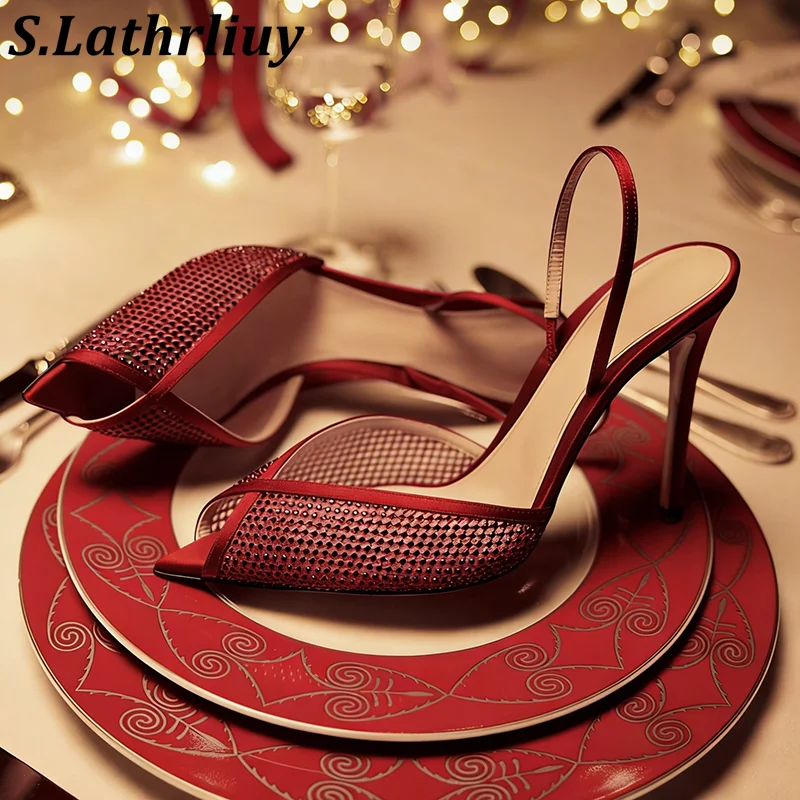 New Sandals Women's Pointed Toe Shiny Rhinestones Decorated Back Strap High Heels Sandaials Summer Sexy Banquet Dress shoes