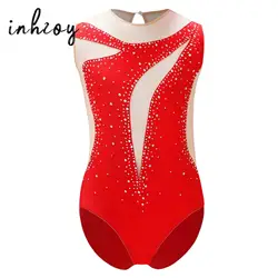 Kids Girls Gymnastics Leotard Ballet Tank Unitard SleeChveless Mesh Diamonds Workout Bodysuit Figure Skating Performance Clothes
