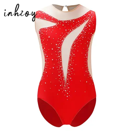 Leotardo de gimnasia para niñas, camiseta sin mangas de Ballet, mono de entrenamiento de malla sin mangas con diamantes, ropa de actuación de patinaje artístico
