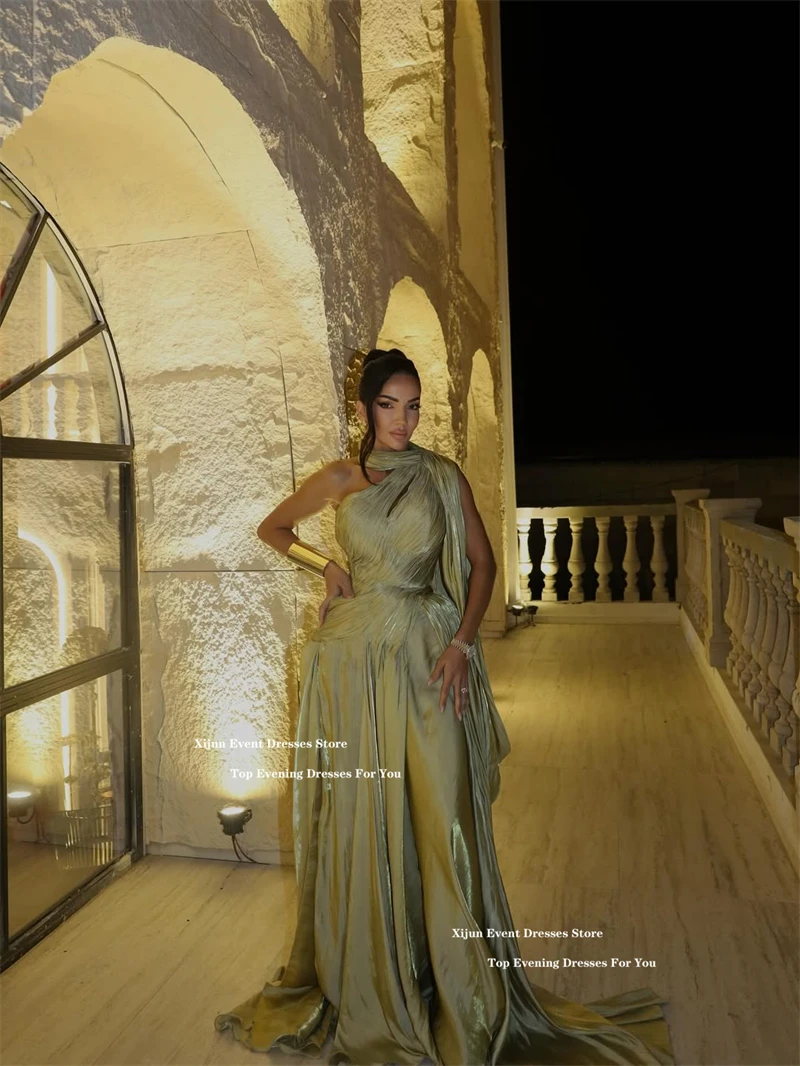 Xijun Elegant Green Long Evening Dresses One Shoulder Pleats Prom Gowns Silk Satin Formal Occasion Prom Dresses 2025 Customized image 5