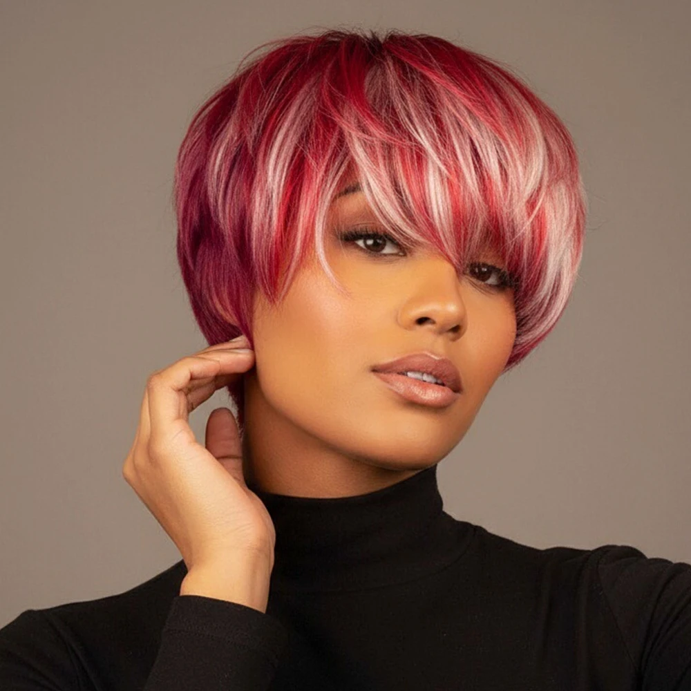 باروكات بيكسي قصيرة مستقيمة الطبقات مميزة، شعر بشري 100% منتفخة مسبقًا وخالية من التشابك، مصنوعة آليًا بالكامل مع الانفجارات للنساء
