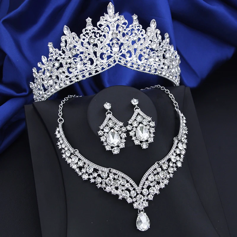 Pink Crown Necklace Sets Rhinestone Crystal Tiaras and Crowns Wedding Bridal Jewelry Set Prom Costume Accessories