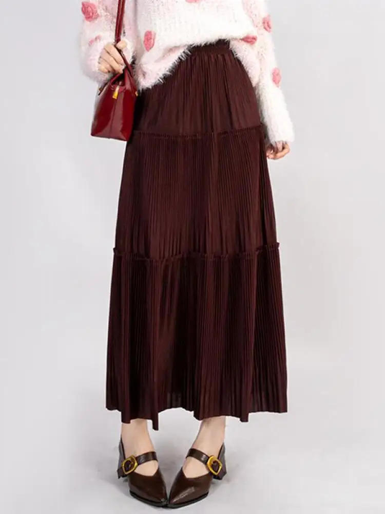 

French 2025 Women Solid High Waist Slim Vacation Party Pleated Long Skirt Autumn Elegant Versatile Cake Skirt Popular Streetwear