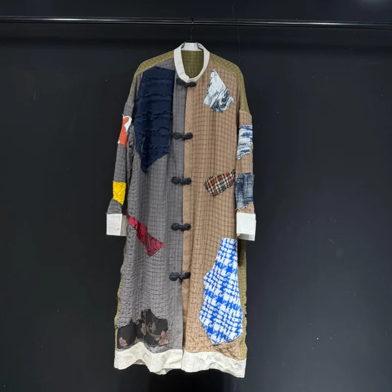 WVGA Spring Autumn New Men's Retro Patchwork Plaid Trendy Long Sleeve Shirt Niche Chic Casual Stand Collar Loose Tops Ins W24450