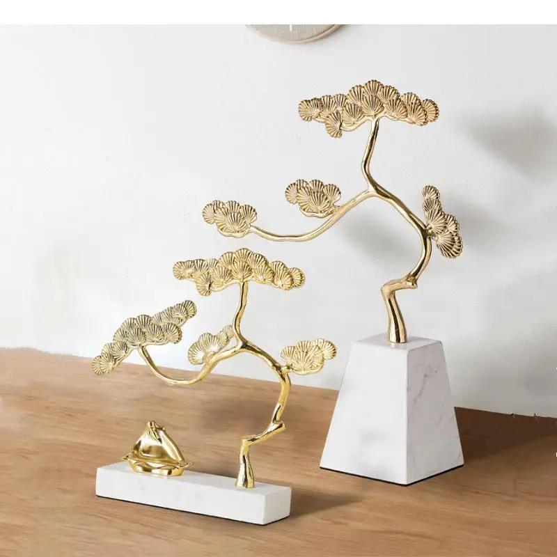 

Simulation Tree Metal Golden Copper Pine Marble Base Handicraft Furnishings Modern Home Decoration Accessories Decor