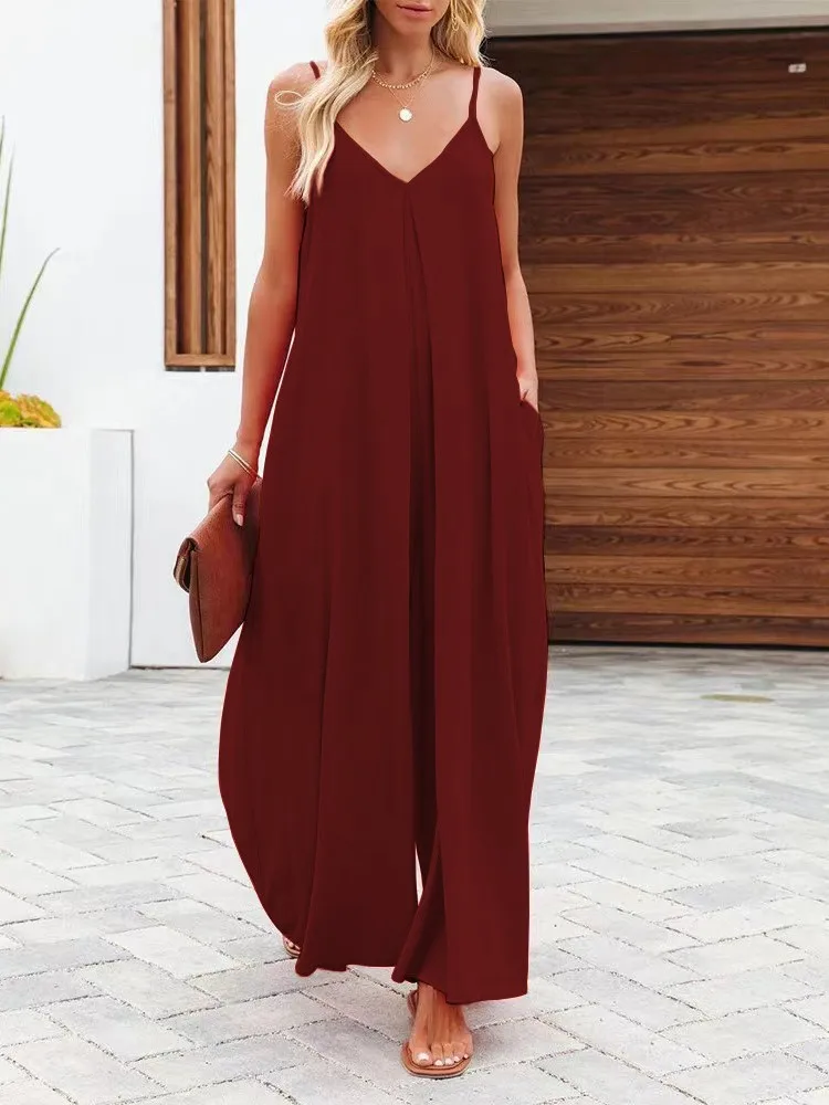 Women's Jumpsuit Solid Color Suspenders Wide Leg Pants Solid Color Pocket Casual Rompers Commuting Vacation Beach 2026 Summer