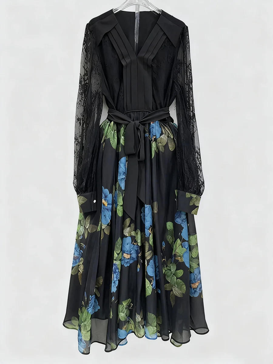 TWOTWINSTYLE Stampa Sheer Impiombato Lace Up Abiti eleganti per le donne Scollo a V Maniche lunghe Vita alta Abito casual Moda femminile