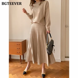 BGTEEVER Autumn Winter Women Knitted Outfits Long Sleeve O-neck Sweaters Ladies High Waist Pleated A-line Skirts