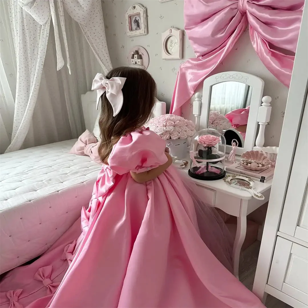 فساتين فتاة الزهور المخصصة من الساتان مع فيونكة بكتف واحد بدون أكمام لحفلات الزفاف وأعياد الميلاد وحفلات الأميرة #4