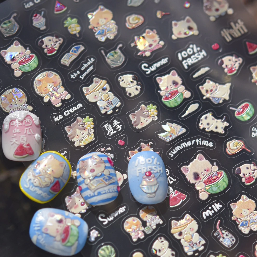 Kittens Eat Watermelon Cat Rainy Day Umbrella Daisy Cherry Ice Cream Dog Puppy Fence Nail Art Sticker Summertime Manicure Decals