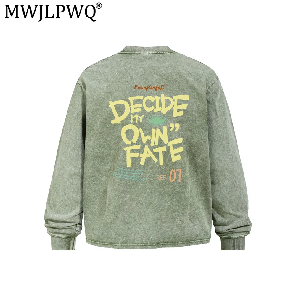 MWJLPWQ American Letter Print Distressed Long-Sleeve T-Shirt Loose Fit Men's Spring Autumn Ins Trendy Washed Cotton Top 20626