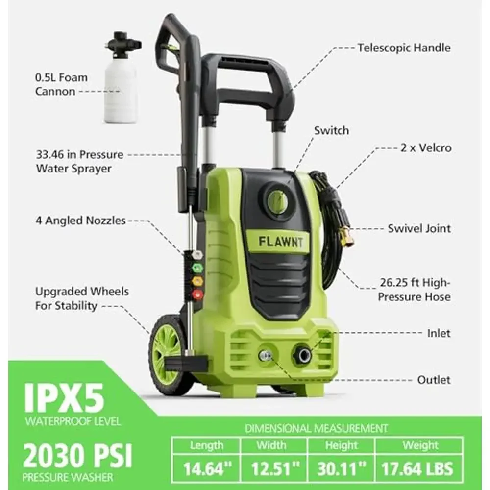 High Pressure Washer 2030 PSI Electric Cleaner 26ft Hose 4 Nozzles Swivel Joint IPX5