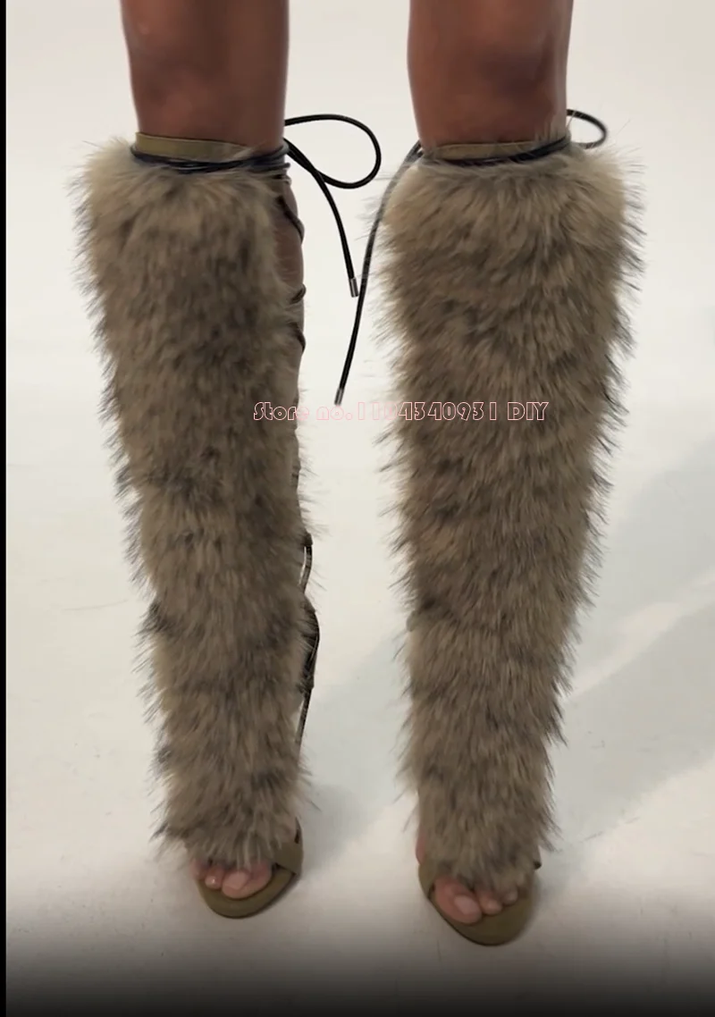 Women Stilettos High Heel Furry Knee High Sandal Boots Open Toe Stiletto Heeled Back Lace Up Cut Out Gladiator Long Boot