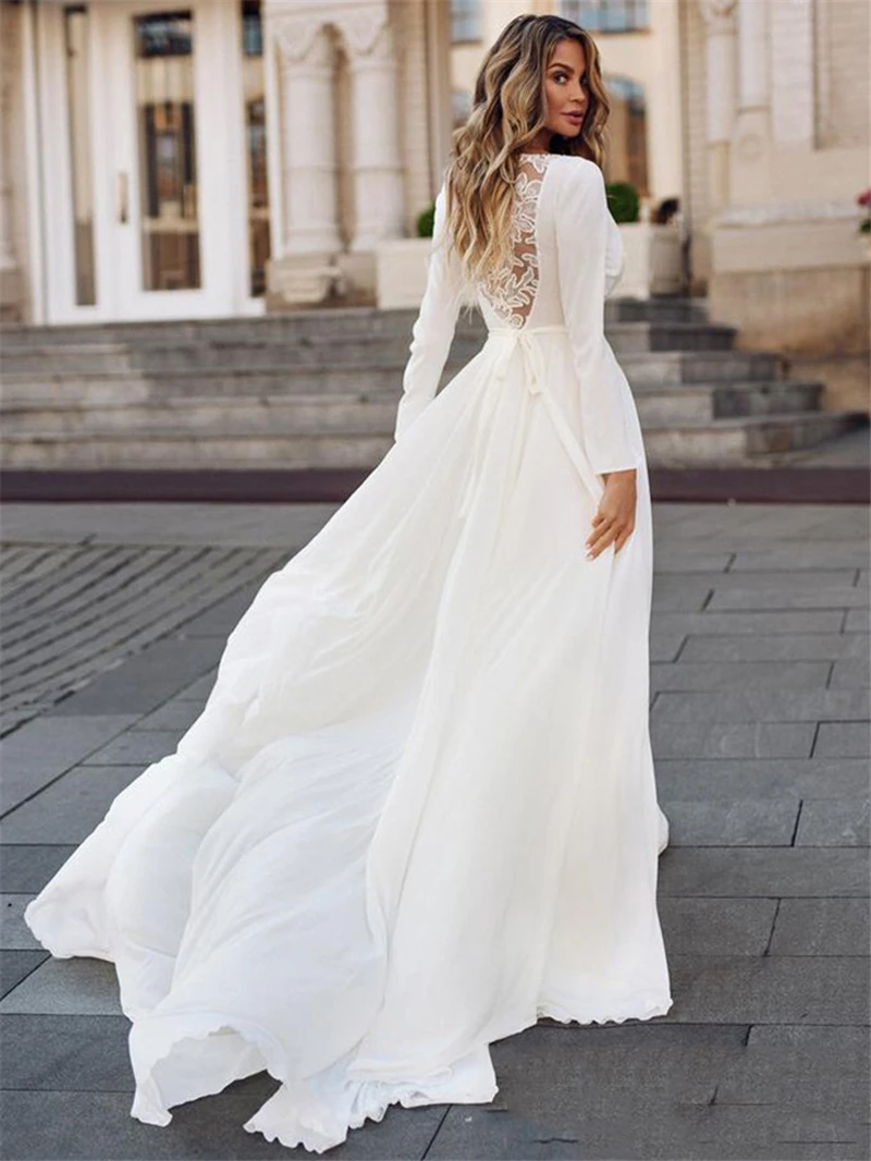 2023 Long Sleeve Wedding Dress  Simple V-Neck Appliques Back Bridal Gown Elegant  Vintage For Women Civil Vestido De Novia