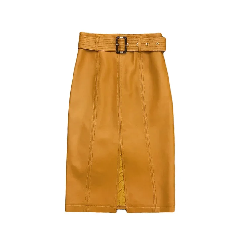 

Fashionable Long Leather Skirts High Waist Dress Women Real Sheep Leather Skirt With Slit
