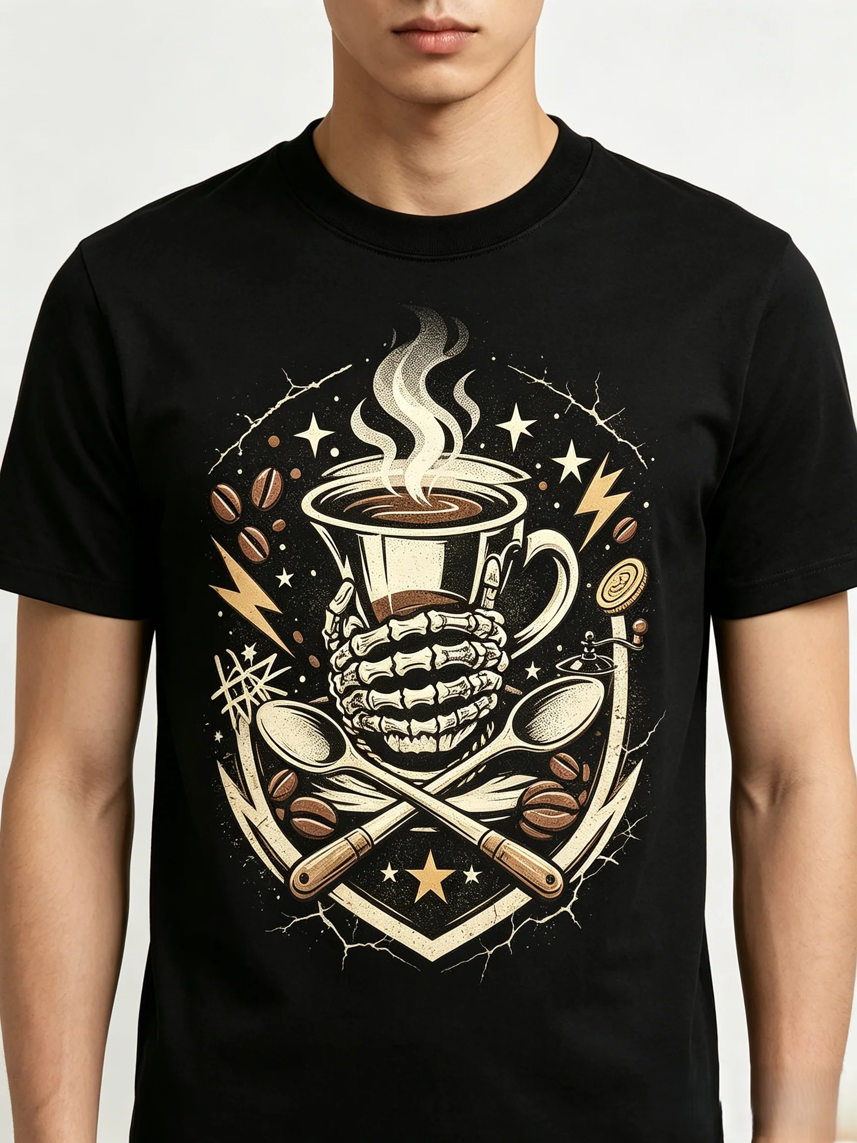 Men Women Gothic Skeleton Hand Coffee Cup Print T Shirt Retro Cross Spoon Coffee Lover Graphic Tee Vintage Punk Oversized Black Streetwear Unisex Short Sleeve
