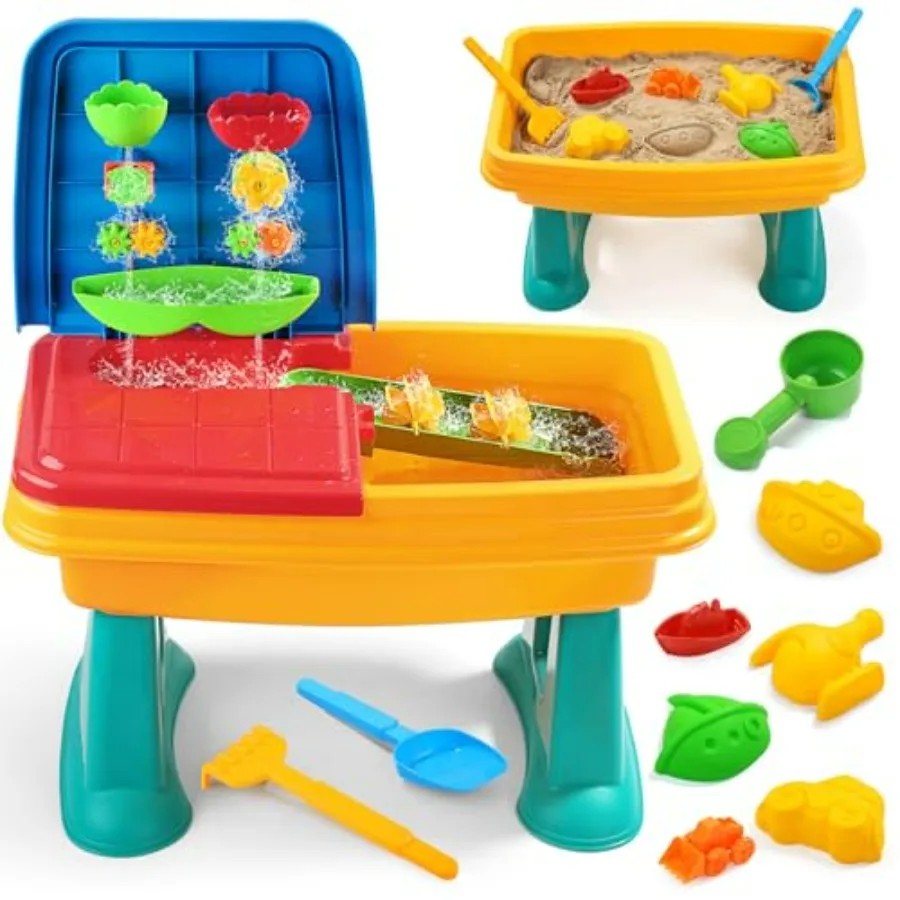 Outdoor indoor kids sand and water table, 2-in-1 toddler activity table with water wheel sand tools, blue and yellow plastic se