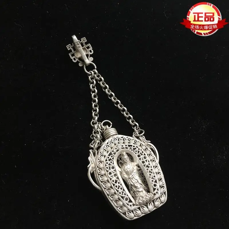 Chinese Old Exquisite Tibetan Silver Hollow Carved Guanyin Sachet