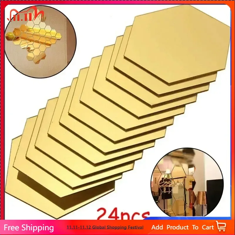 24 Uds pegatina de espejo hexagonal azulejos de mosaico autoadhesivos dorados pegatinas de pared DIY dormitorio sala de estar baño decoración del hogar