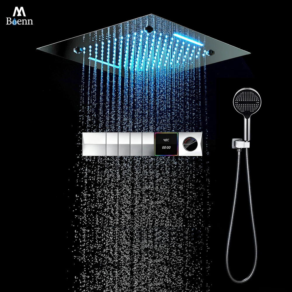 

M Boenn Chrome Shower Set Large 20 Inch Music LED Shower Head Rainfall Lavish Showers Bathroom Faucets Smart Thermostatic Mixer