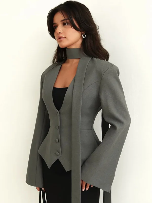 

Retro Elegant Fitted American Style Luxury Women's Fashion Slimming Pure Color V-Neck Long Sleeve Single Button