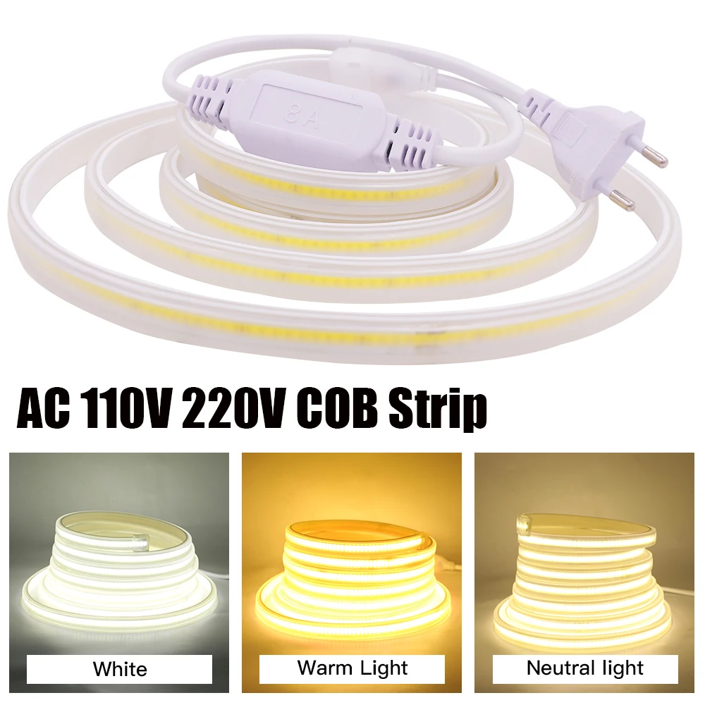 

AC 110V 220V COB Strip 288 Leds/M Waterproof RA 80 Warm/Natural White Flexible Ribbon Rope Light