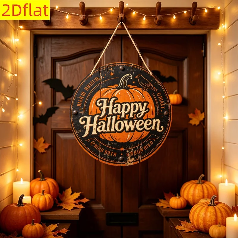 2D Flat, 1pc 2D Printed Wooden Round Hanging Sign, Suitable for Front Door Wall Hanging, Perfect for Halloween, Christmas, Thank