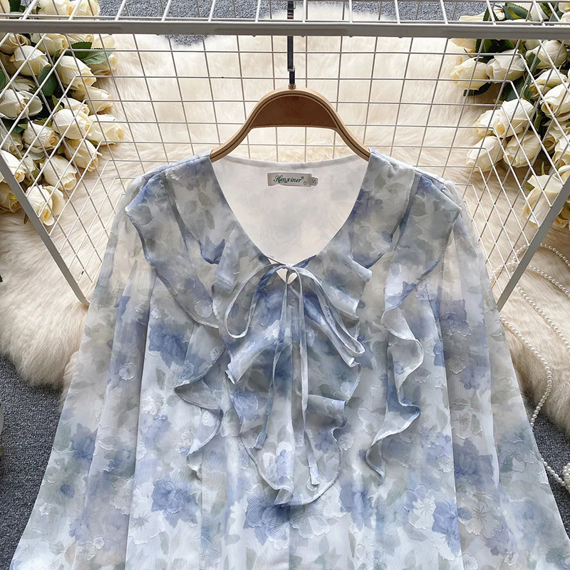 Flower Print Womens Tops And Blouses Casual Ruffles V Neck Long Petal Sleeve Chiffon Loose Female Tunic Bow Spring Pullover