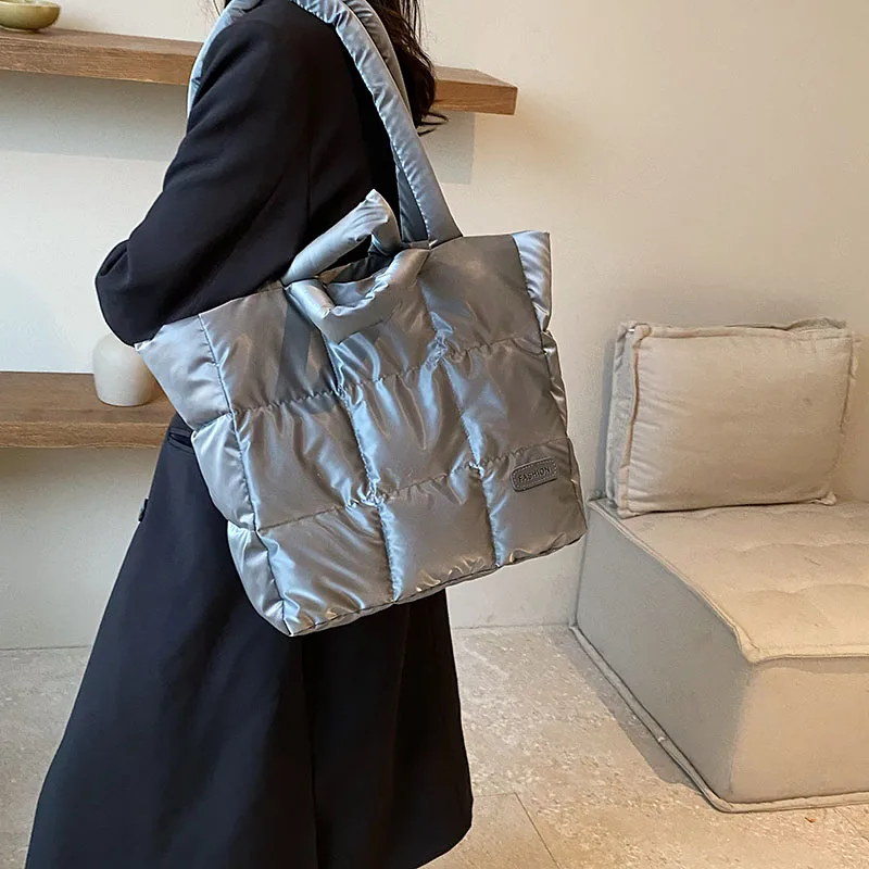 Women Winter Cotton Padded Quilted Tote Bags Large Capacity Korean Fashion Pillow Handbag Puffy Commuter Shoulder Bag Simple New