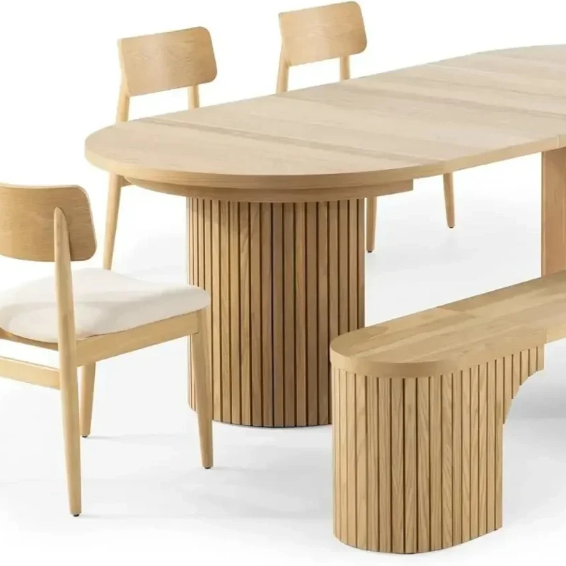 Expandable Round Dining Table Set for 4 to 8, Modern Dining Table and Chairs Set of 4 with Bench, Extendable Dini